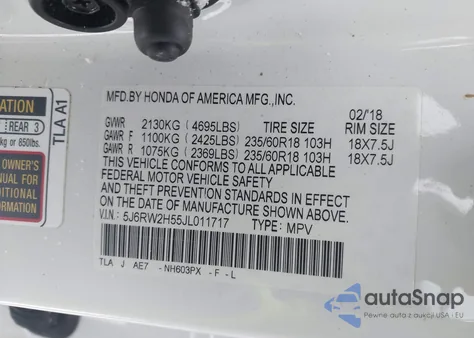 2018 Honda Cr-V Ex z USA, uszkodzony, nr VIN 5J6RW2H55JL011717